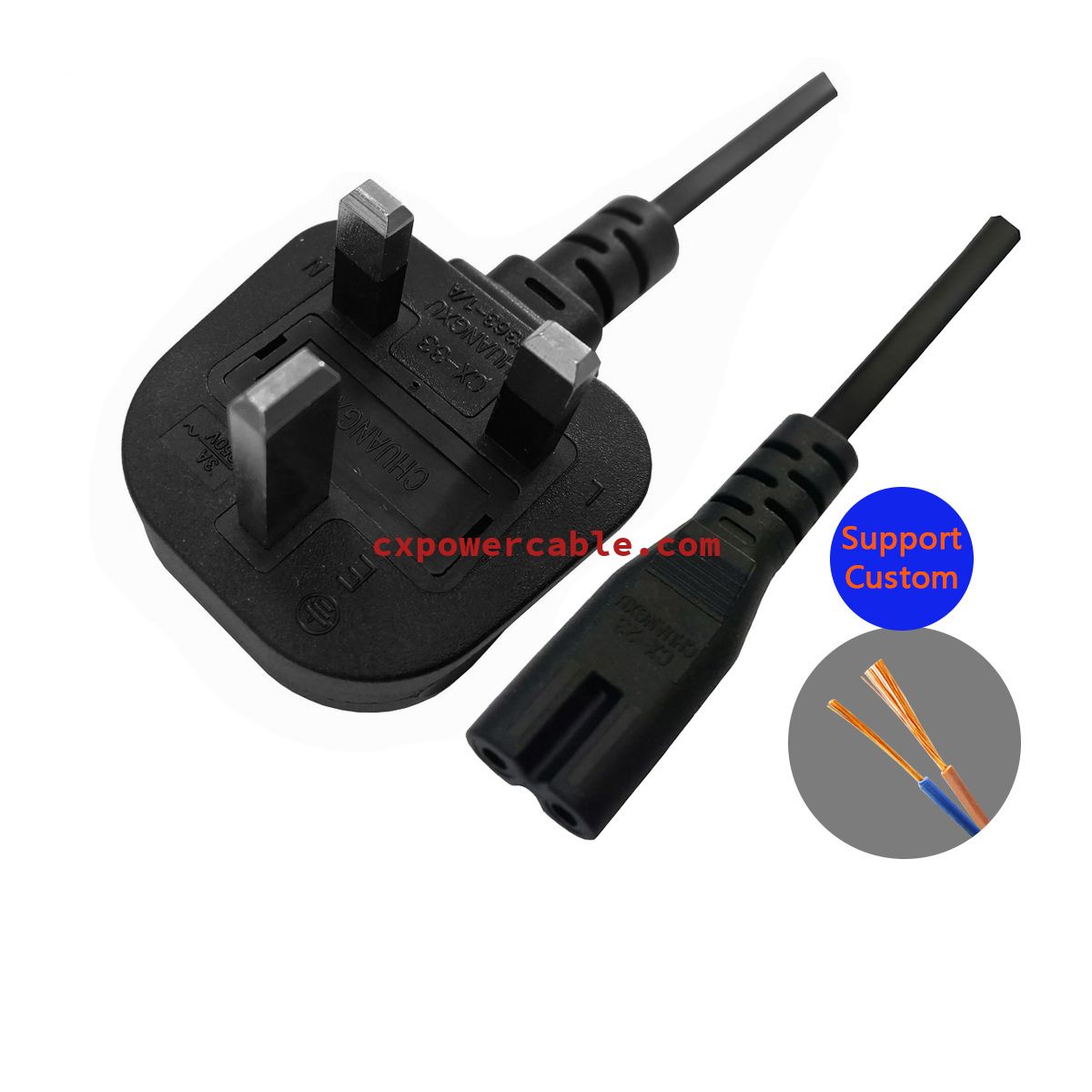 UK style 3pin plug BS certified + 3pin tail plug power cable