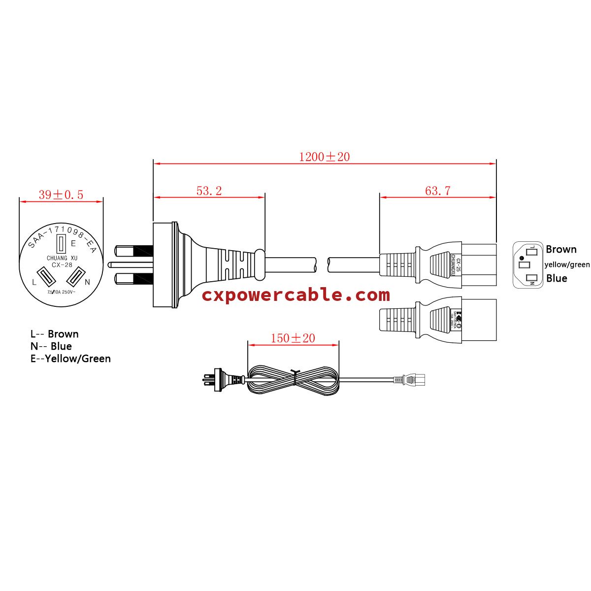 AUS style 3pin plug SAA certified + 3pin tail plug power cable